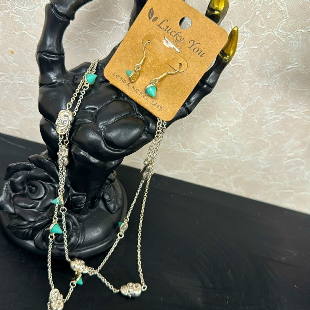 Rhinestone skull and spike necklace & earring set